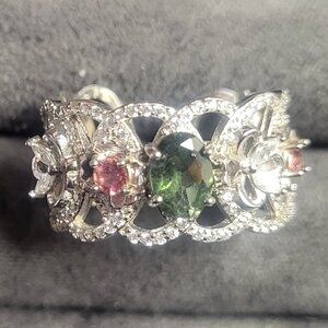 Wide Band Asymmetrical Floral Design Sterling Silver and Tourmaline Ring